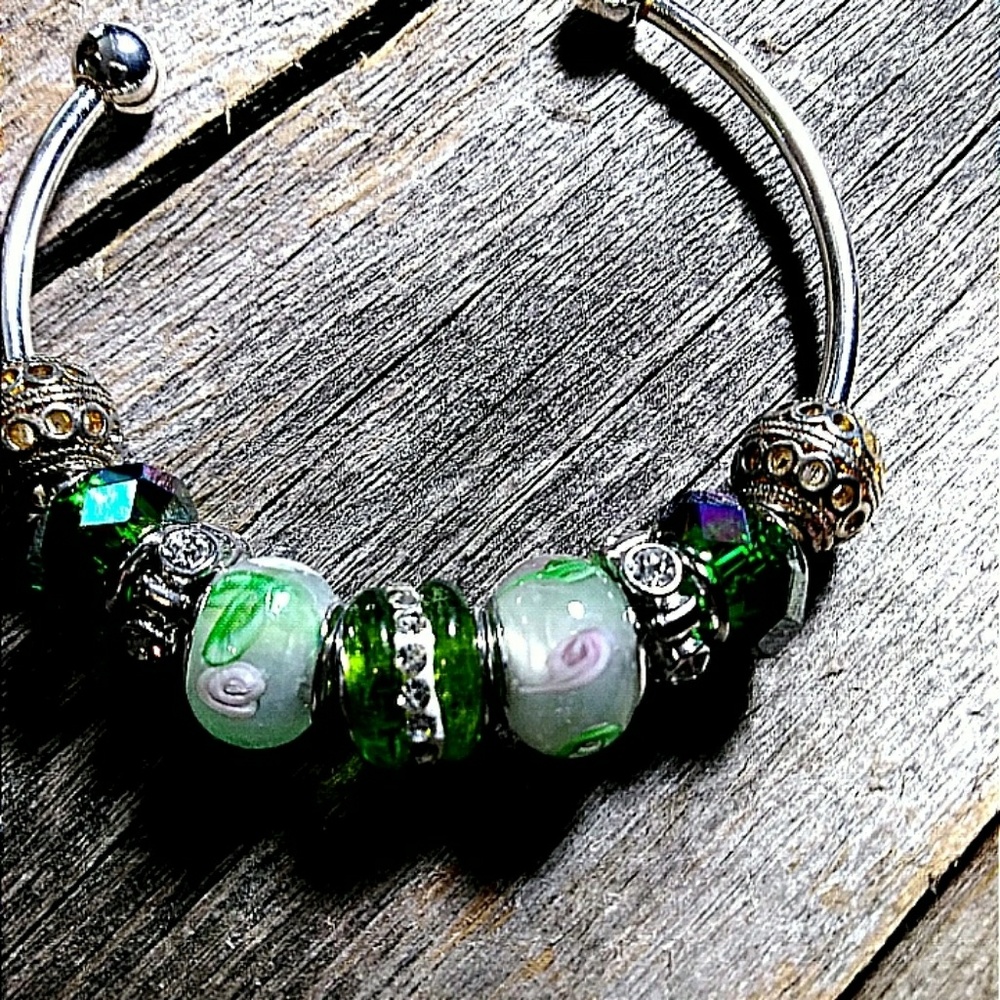 Silver bangle bracelet with beads